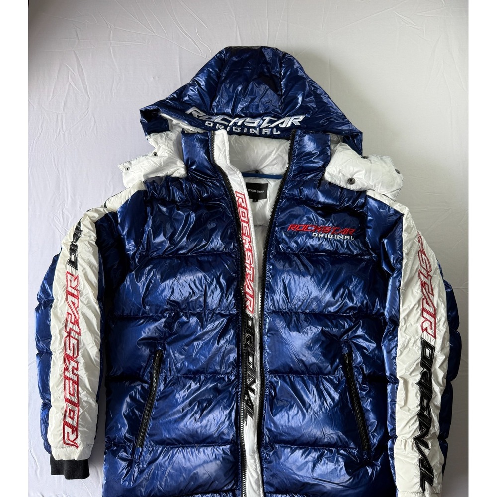 Rockstar Original Alasia Puffer Jacket Mens S Metallic Royal Blue White Hooded